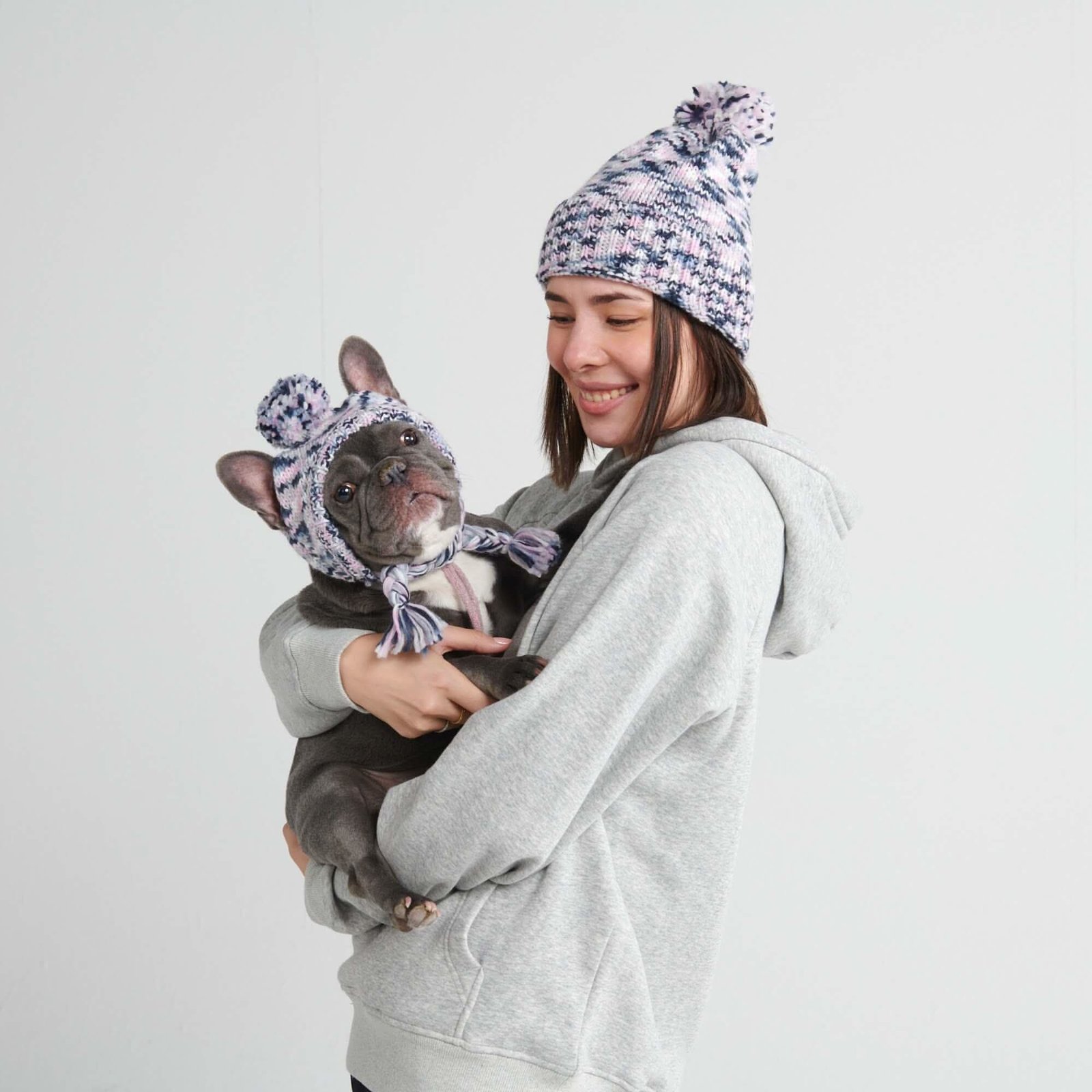 Knit Pom Pom Dog Beanie Hat - Pink Grey Navy - Image 2